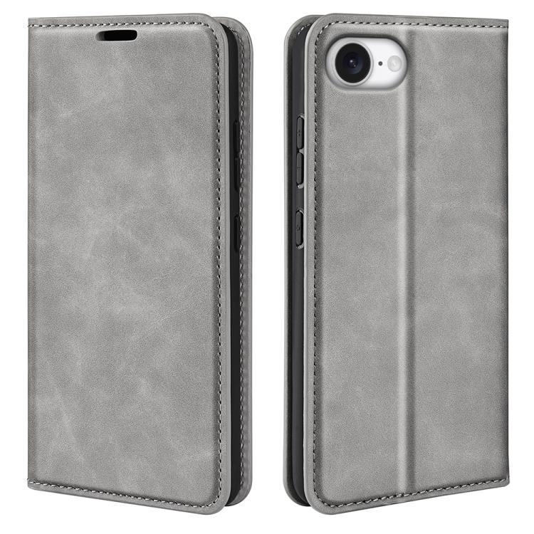 For iPhone 16e Retro-skin Magnetic Suction Leather Phone Case(Grey) - iPhone 16e Cases by buy2fix | Online Shopping UK | buy2fix