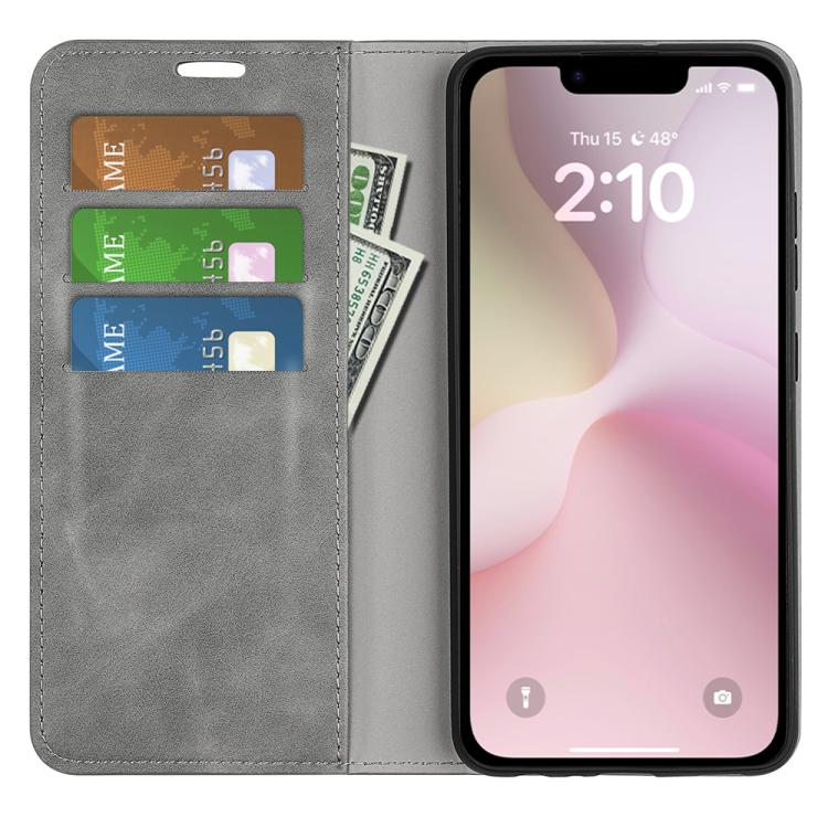 For iPhone 16e Retro-skin Magnetic Suction Leather Phone Case(Grey) - iPhone 16e Cases by buy2fix | Online Shopping UK | buy2fix