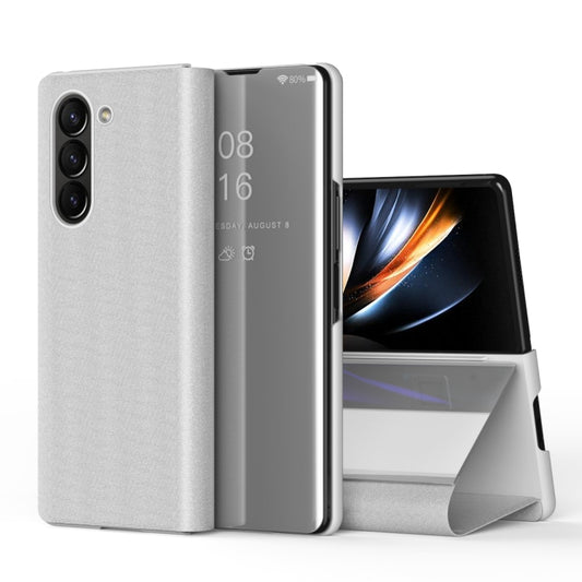 For Galaxy Z Fold 5 5G Plated Mirror Horizontal Flip Leather Phone Case with Holder(Silver) - Galaxy Z Fold5 Cases by buy2fix | Online Shopping UK | buy2fix