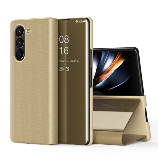 For Galaxy Z Fold 5 5G Plated Mirror Horizontal Flip Leather Phone Case with Holder(Gold) - Galaxy Z Fold5 Cases by buy2fix | Online Shopping UK | buy2fix