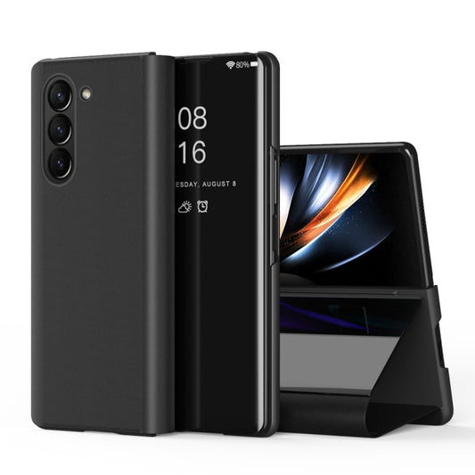 For Samsung Galaxy Z Fold6 Plated Mirror Horizontal Flip Leather Phone Case with Holder(Black) - Galaxy Z Fold6 5G Cases by buy2fix | Online Shopping UK | buy2fix