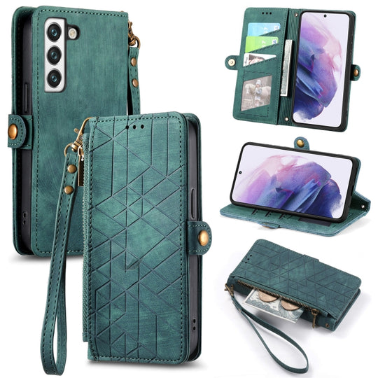 Pour Samsung Galaxy S22 + 5G Portefeuille à fermeture éclair géométrique Boucle latérale Étui de téléphone en cuir (Vert)