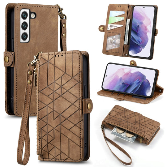 Pour Samsung Galaxy S22 Ultra 5G Portefeuille à fermeture éclair géométrique Boucle latérale Étui de téléphone en cuir (Marron)
