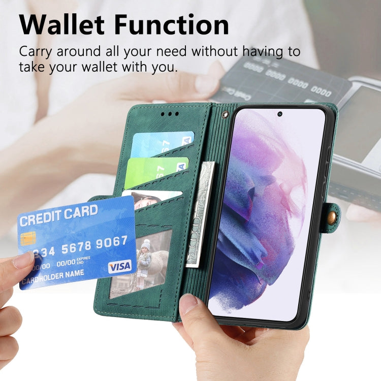 For Samsung Galaxy S21 FE 5G Geometric Zipper Wallet Side Buckle Leather Phone Case(Green) by buy2fix