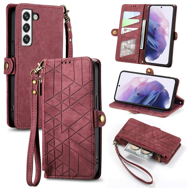 For Samsung Galaxy S21 FE 5G Geometric Zipper Wallet Side Buckle Leather Phone Case(Red) by buy2fix