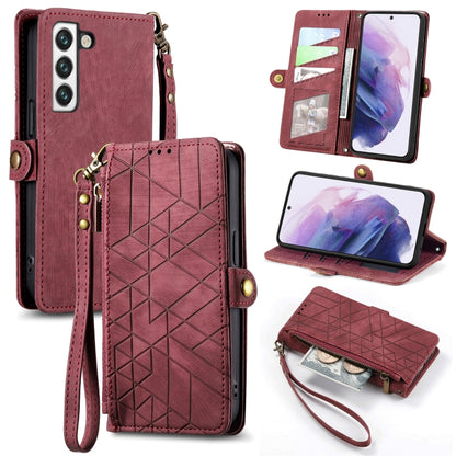 For Samsung Galaxy S21 FE 5G Geometric Zipper Wallet Side Buckle Leather Phone Case(Red) by buy2fix