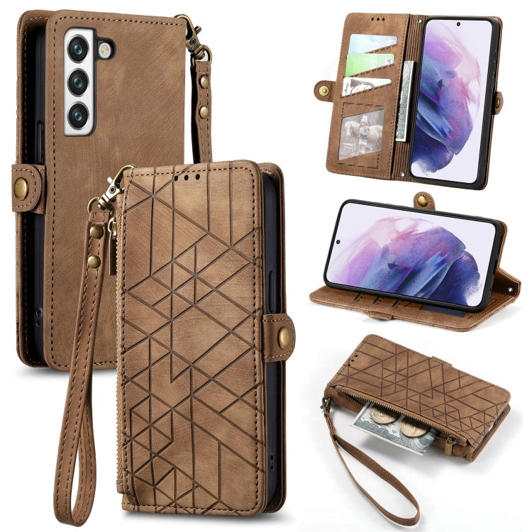 For Samsung Galaxy S20 Ultra Geometric Zipper Wallet Side Buckle Leather Phone Case(Brown) - Galaxy Phone Cases by buy2fix | Online Shopping UK | buy2fix