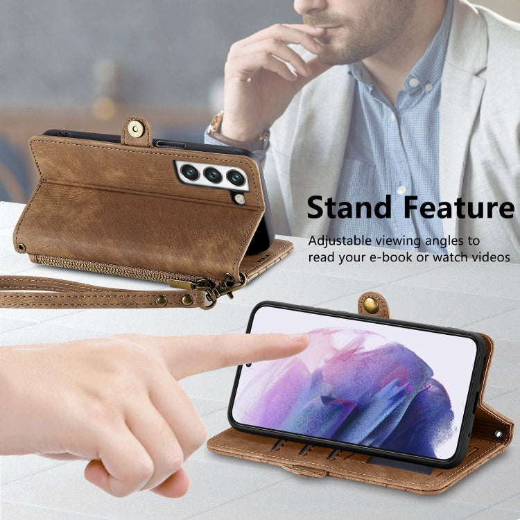 For Samsung Galaxy S20 Ultra Geometric Zipper Wallet Side Buckle Leather Phone Case(Brown) - Galaxy Phone Cases by buy2fix | Online Shopping UK | buy2fix