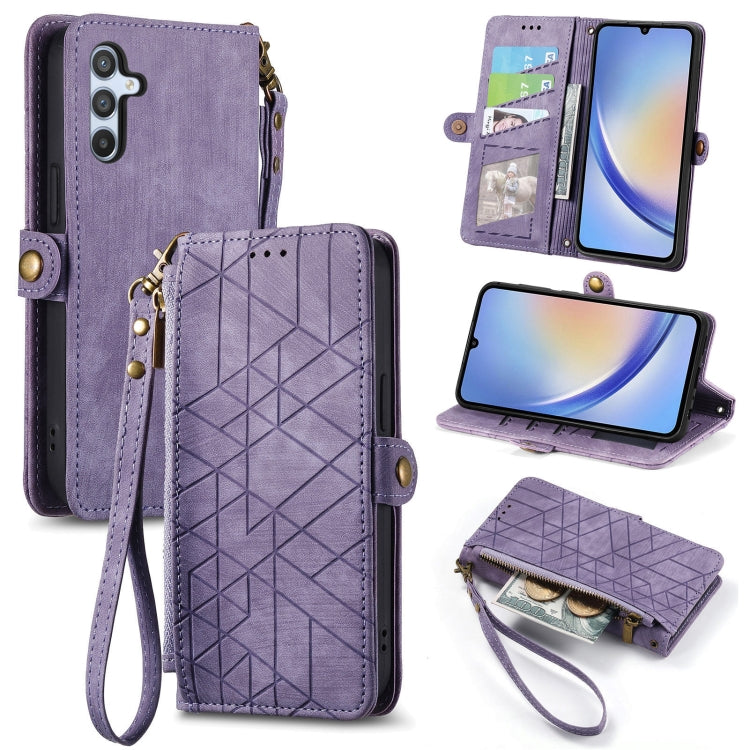 For Samsung Galaxy A50 Geometric Zipper Wallet Side Buckle Leather Phone Case(Purple) by buy2fix