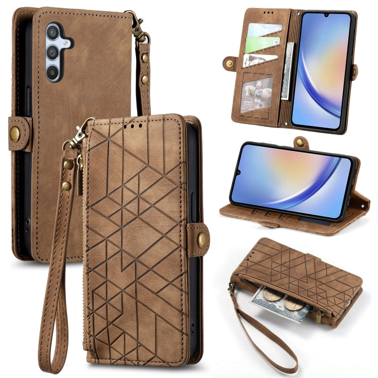 For Samsung Galaxy A50 Geometric Zipper Wallet Side Buckle Leather Phone Case(Brown) by buy2fix