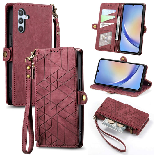For Samsung Galaxy A12 Geometric Zipper Wallet Side Buckle Leather Phone Case(Red) - Galaxy Phone Cases by buy2fix | Online Shopping UK | buy2fix