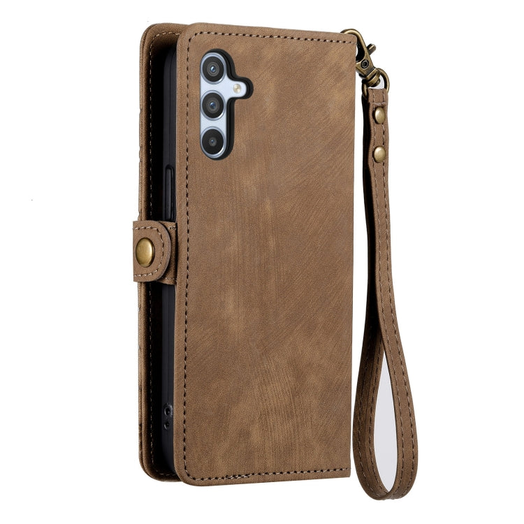 For Samsung Galaxy A12 Geometric Zipper Wallet Side Buckle Leather Phone Case(Brown) by buy2fix
