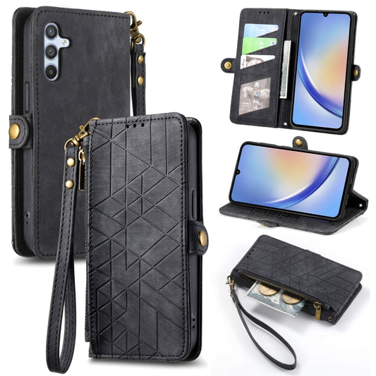 For Samsung Galaxy A12 Geometric Zipper Wallet Side Buckle Leather Phone Case(Black) - Galaxy Phone Cases by buy2fix | Online Shopping UK | buy2fix