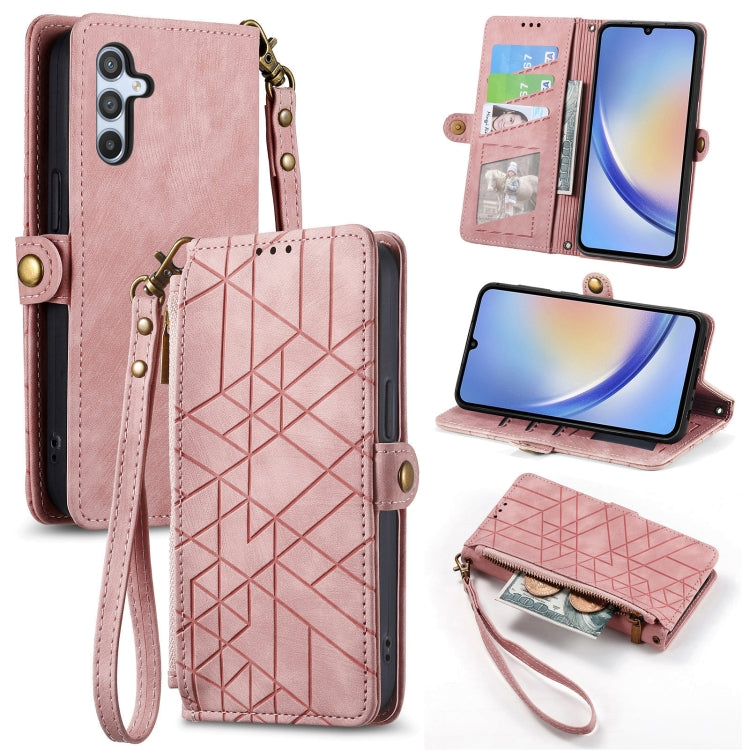 For Samsung Galaxy A21S Geometric Zipper Wallet Side Buckle Leather Phone Case(Pink) by buy2fix