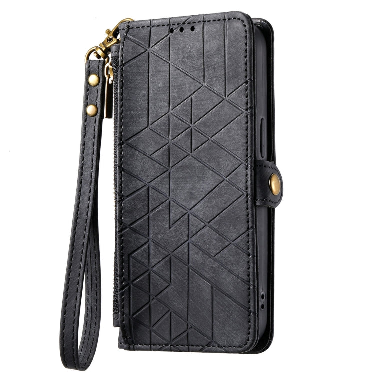For Samsung Galaxy A22 4G Geometric Zipper Wallet Side Buckle Leather Phone Case(Black) by buy2fix