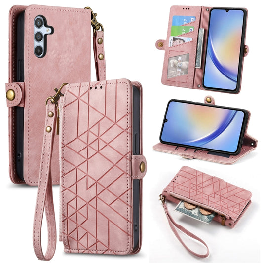 For Samsung Galaxy A14 5G Geometric Zipper Wallet Side Buckle Leather Phone Case(Pink) - Galaxy Phone Cases by buy2fix | Online Shopping UK | buy2fix