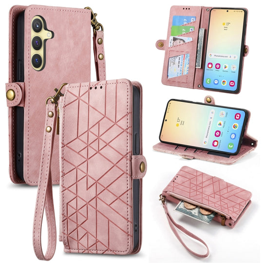 For Samsung Galaxy S24 5G Geometric Zipper Wallet Side Buckle Leather Phone Case(Pink)