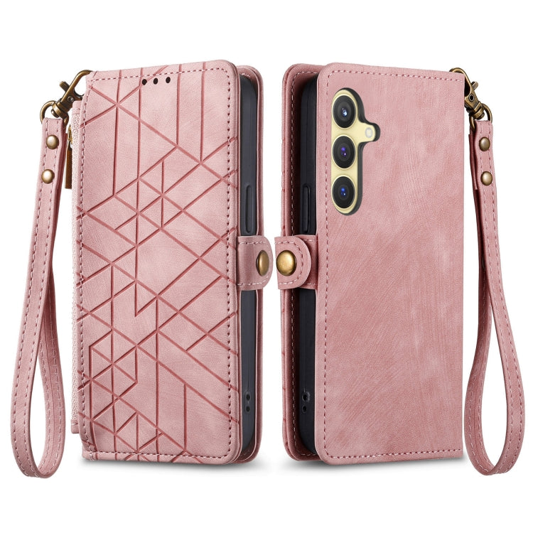 For Samsung Galaxy S25 5G Geometric Zipper Wallet Side Buckle Leather Phone Case(Pink) by buy2fix
