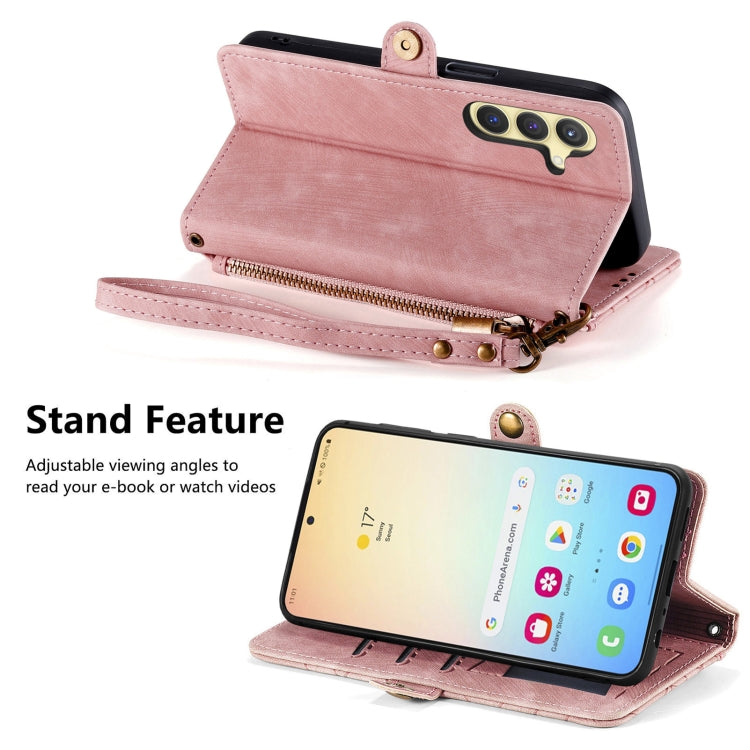 For Samsung Galaxy S25 5G Geometric Zipper Wallet Side Buckle Leather Phone Case(Pink) by buy2fix