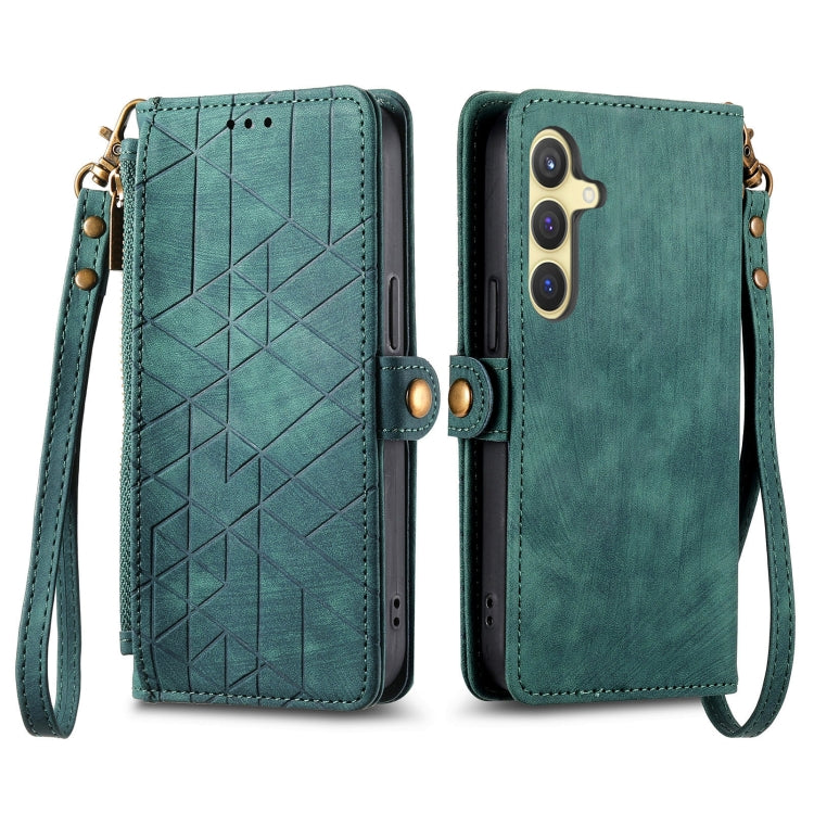 For Samsung Galaxy S25 5G Geometric Zipper Wallet Side Buckle Leather Phone Case(Green) by buy2fix