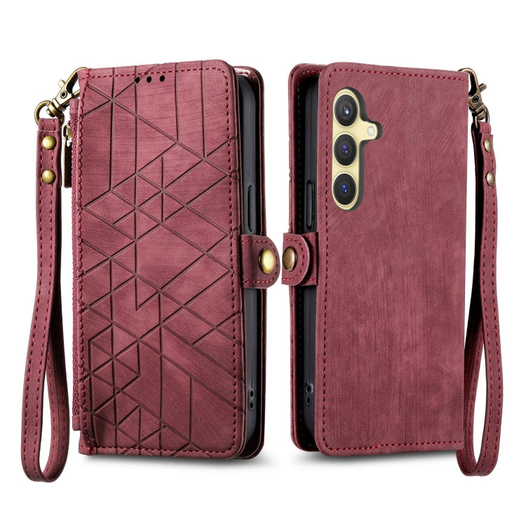 For Samsung Galaxy S25 5G Geometric Zipper Wallet Side Buckle Leather Phone Case(Red) by buy2fix