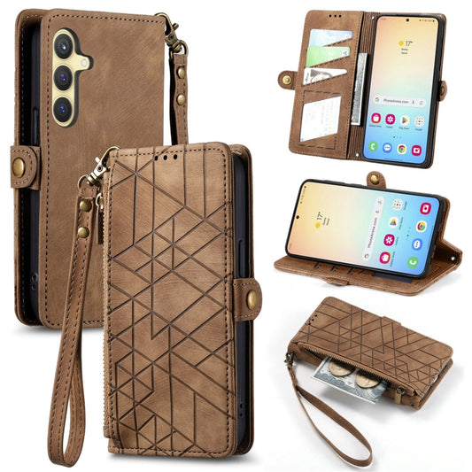 For Samsung Galaxy S25 5G Geometric Zipper Wallet Side Buckle Leather Phone Case(Brown) by buy2fix