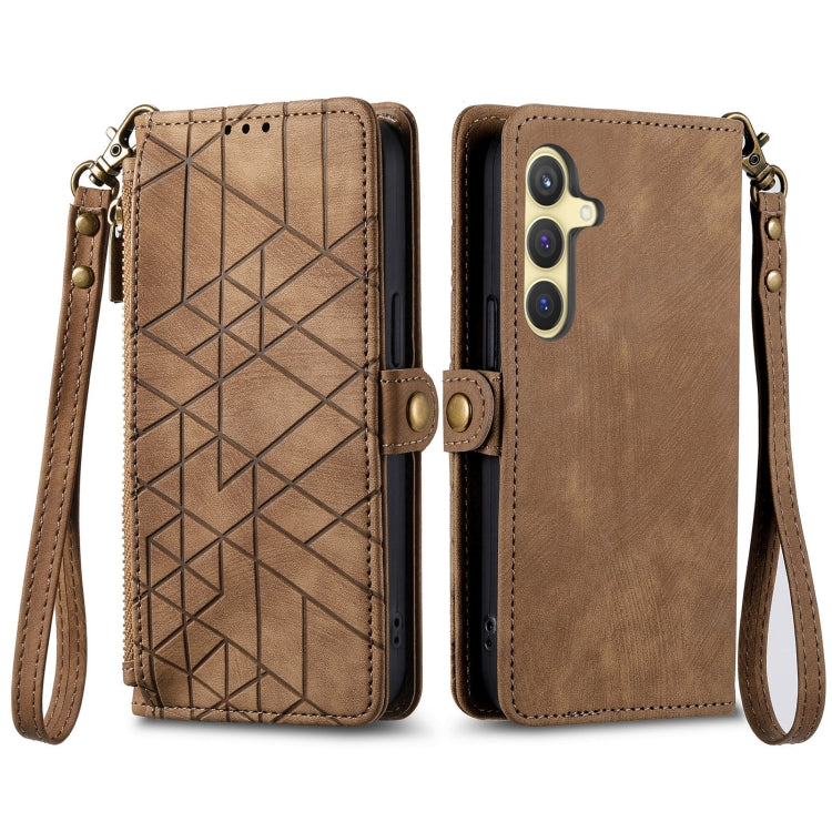 For Samsung Galaxy S25 5G Geometric Zipper Wallet Side Buckle Leather Phone Case(Brown) by buy2fix