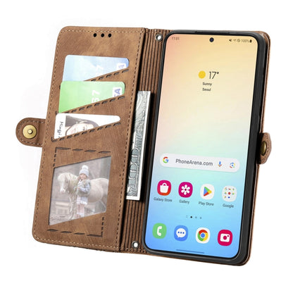 For Samsung Galaxy S25 5G Geometric Zipper Wallet Side Buckle Leather Phone Case(Brown) by buy2fix