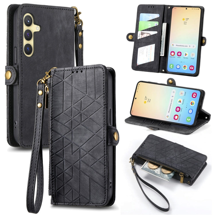 For Samsung Galaxy S25 5G Geometric Zipper Wallet Side Buckle Leather Phone Case(Black) by buy2fix