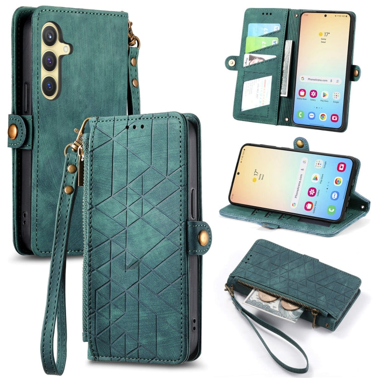 For Samsung Galaxy S25+ 5G Geometric Zipper Wallet Side Buckle Leather Phone Case(Green) by buy2fix