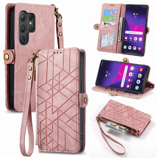 For Samsung Galaxy S25 Ultra 5G Geometric Zipper Wallet Side Buckle Leather Phone Case(Pink) by buy2fix