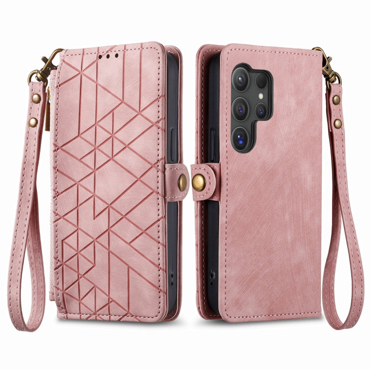 For Samsung Galaxy S25 Ultra 5G Geometric Zipper Wallet Side Buckle Leather Phone Case(Pink) by buy2fix