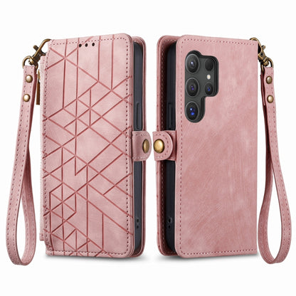 For Samsung Galaxy S25 Ultra 5G Geometric Zipper Wallet Side Buckle Leather Phone Case(Pink) by buy2fix