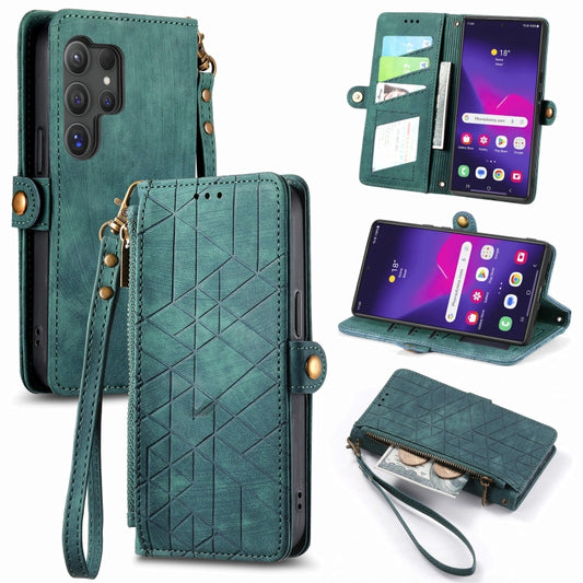 For Samsung Galaxy S25 Ultra 5G Geometric Zipper Wallet Side Buckle Leather Phone Case(Green) by buy2fix