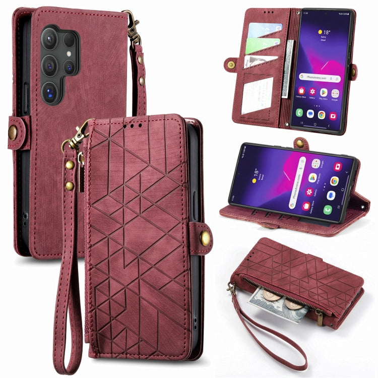 For Samsung Galaxy S25 Ultra 5G Geometric Zipper Wallet Side Buckle Leather Phone Case(Red) by buy2fix