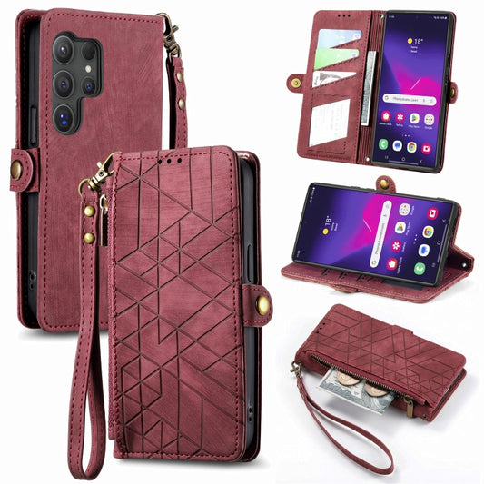 For Samsung Galaxy S25 Ultra 5G Geometric Zipper Wallet Side Buckle Leather Phone Case(Red) by buy2fix