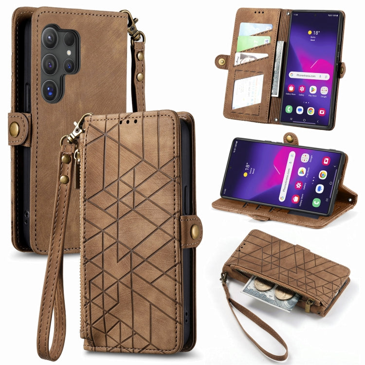 For Samsung Galaxy S25 Ultra 5G Geometric Zipper Wallet Side Buckle Leather Phone Case(Brown) by buy2fix