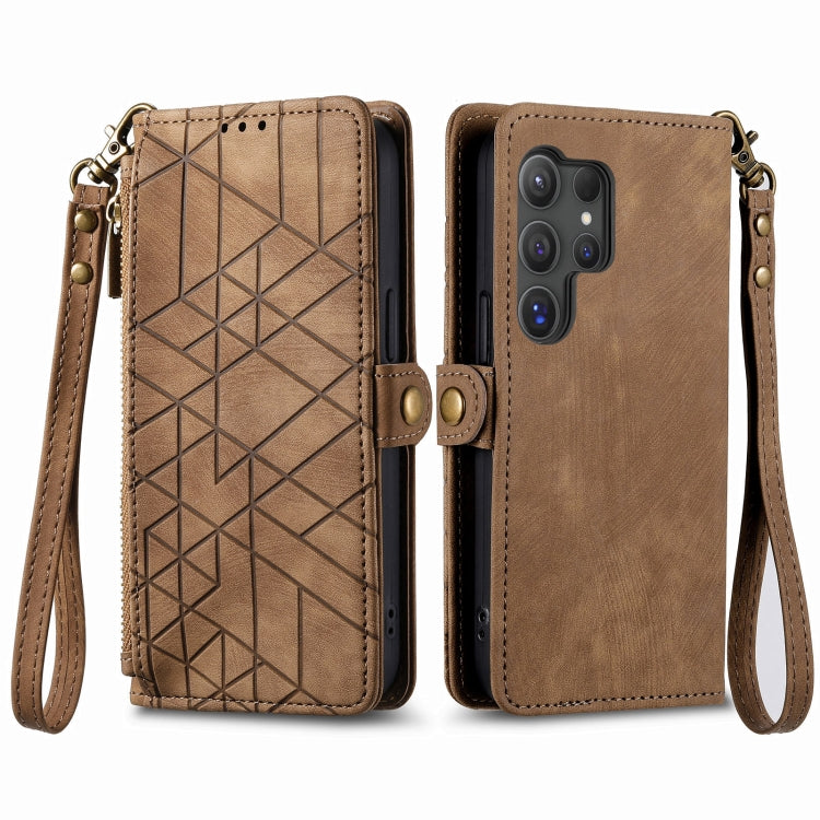 For Samsung Galaxy S25 Ultra 5G Geometric Zipper Wallet Side Buckle Leather Phone Case(Brown) by buy2fix