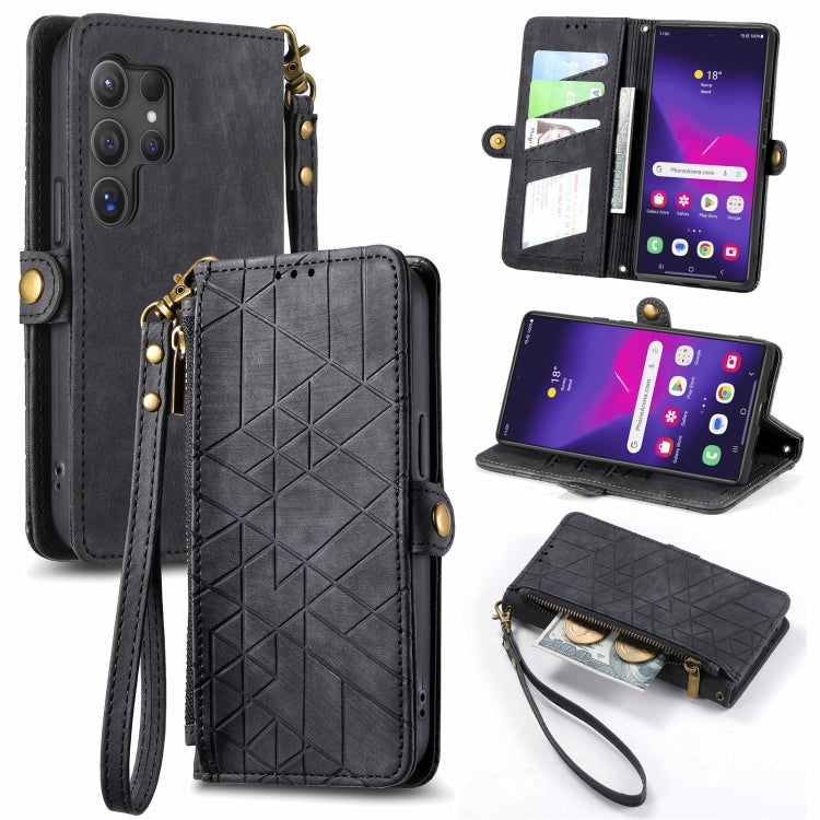 For Samsung Galaxy S25 Ultra 5G Geometric Zipper Wallet Side Buckle Leather Phone Case(Black) by buy2fix