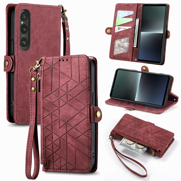 For Sony Xperia 1 V Geometric Zipper Wallet Side Buckle Leather Phone Case(Red) by buy2fix
