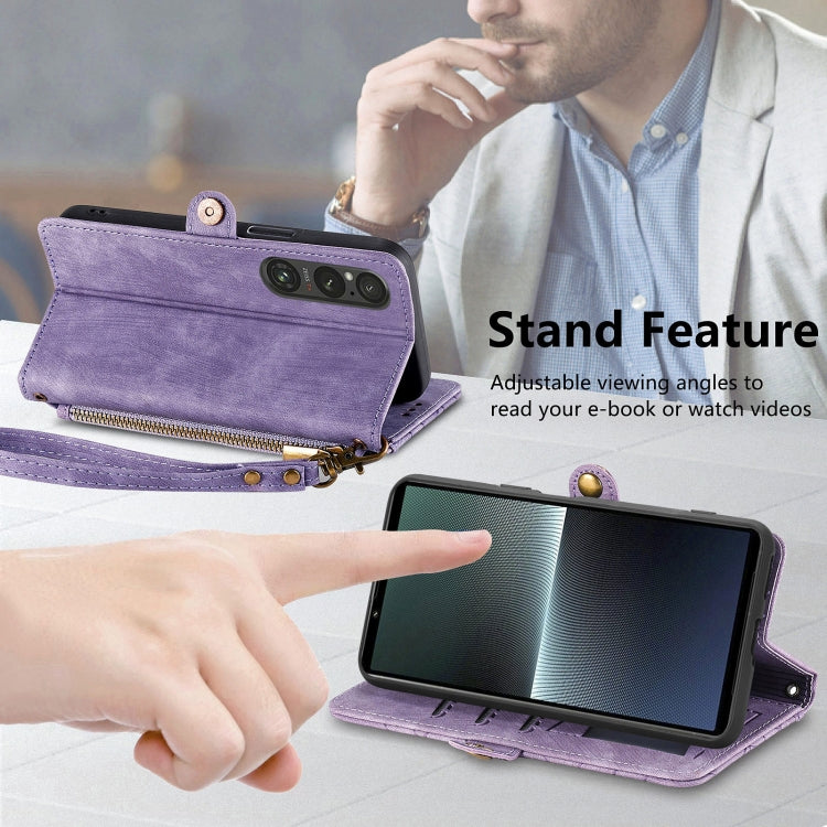 For Sony Xperia 1 V Geometric Zipper Wallet Side Buckle Leather Phone Case(Purple) by buy2fix