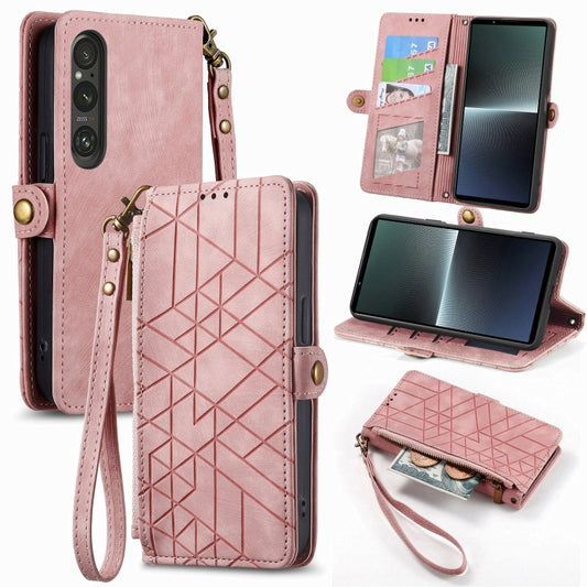 For Sony Xperia 10 V Geometric Zipper Wallet Side Buckle Leather Phone Case(Pink) - Sony Cases by buy2fix | Online Shopping UK | buy2fix