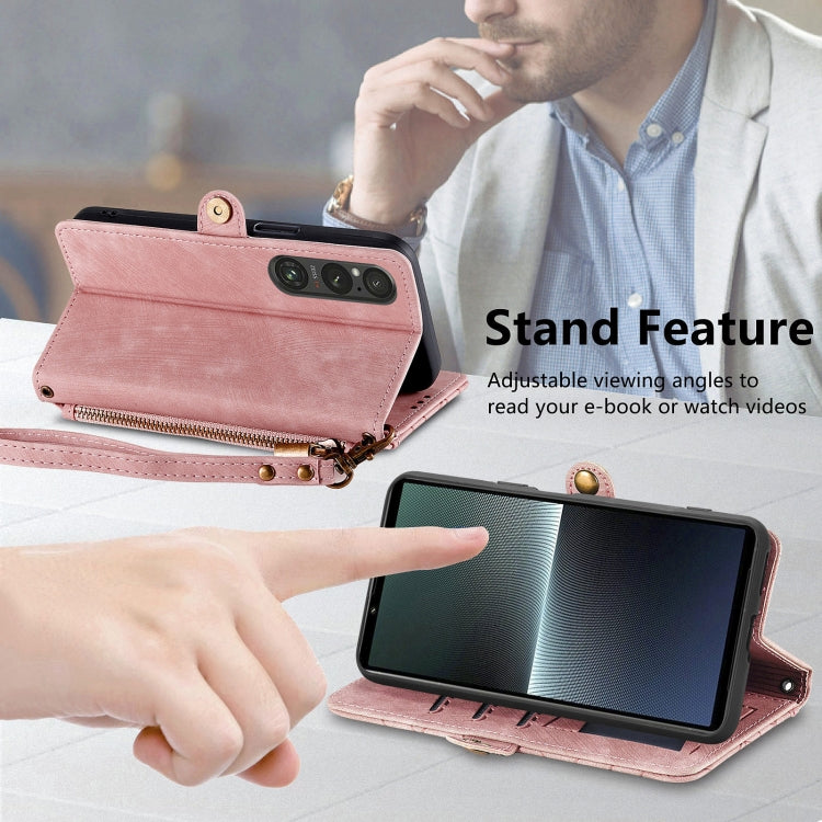 For Sony Xperia 10 V Geometric Zipper Wallet Side Buckle Leather Phone Case(Pink) - Sony Cases by buy2fix | Online Shopping UK | buy2fix