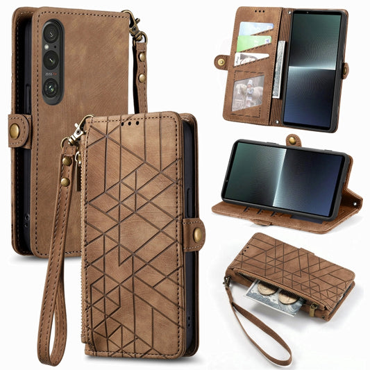 For Sony Xperia 10 V Geometric Zipper Wallet Side Buckle Leather Phone Case(Brown) - Sony Cases by buy2fix | Online Shopping UK | buy2fix