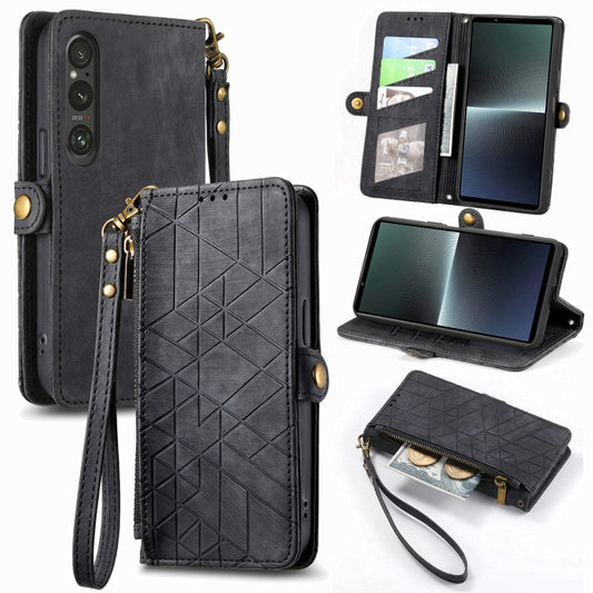 For Sony Xperia 10 V Geometric Zipper Wallet Side Buckle Leather Phone Case(Black) - Sony Cases by buy2fix | Online Shopping UK | buy2fix