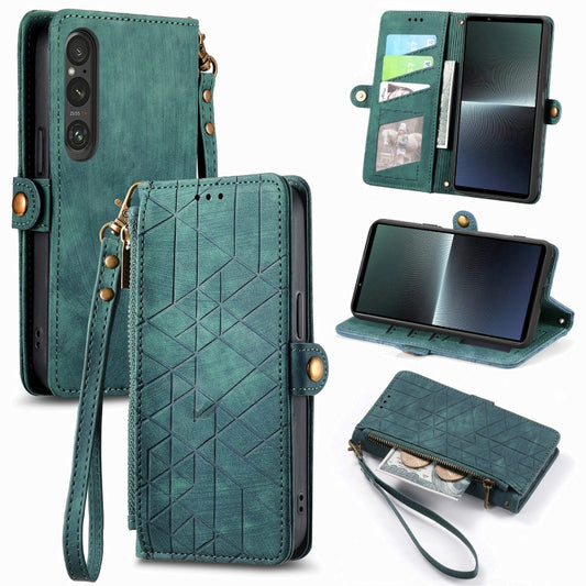 For Sony Xperia 1 IV Geometric Zipper Wallet Side Buckle Leather Phone Case(Green) by buy2fix
