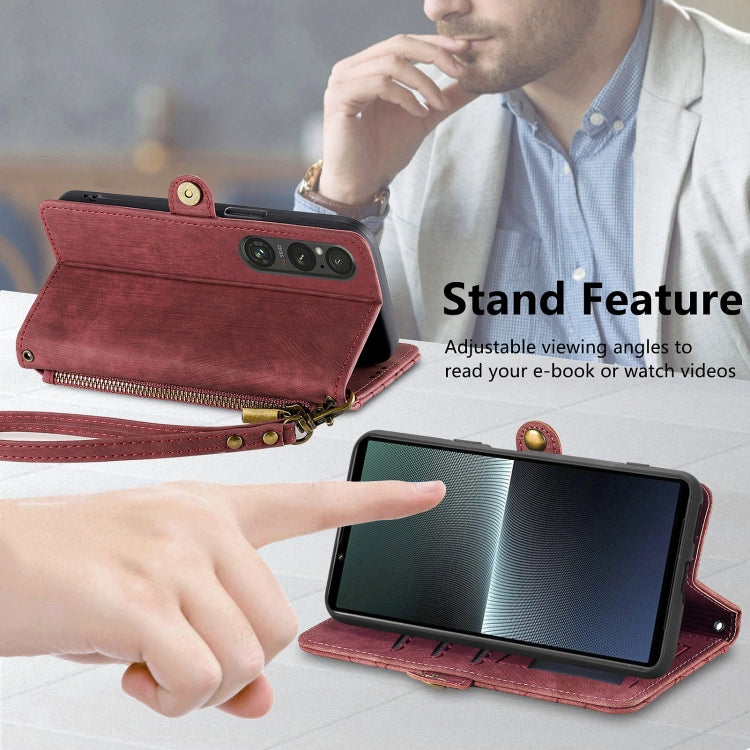 For Sony Xperia 1 IV Geometric Zipper Wallet Side Buckle Leather Phone Case(Red) by buy2fix