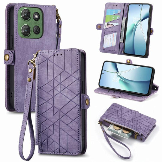 For Motorola Moto G Power 2025 Geometric Zipper Wallet Side Buckle Leather Phone Case(Purple)