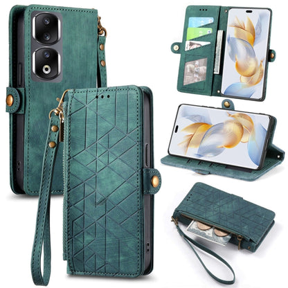 For Honor 90 Pro Geometric Zipper Wallet Side Buckle Leather Phone Case(Green) by buy2fix