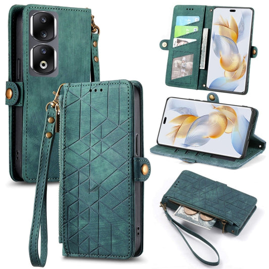 For Honor 90 Pro Geometric Zipper Wallet Side Buckle Leather Phone Case(Green) by buy2fix